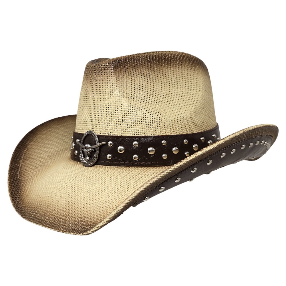 Metal Steer Head Emblem Studded Leather Band Western Straw Cowboy Fedora Hat